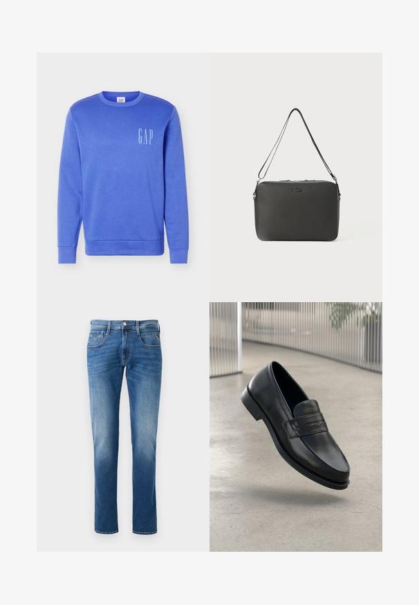 Blaues Sweatshirt mit langen Ärmeln und Rundhalsausschnitt, mit weißem "GAP"-Logo auf der linken Brust, gerippte Bündchen und Saum, einfarbiger Hintergrund.; Herren Jeans aus blauem Denim mit einem verwaschenen Finish, gerader Beinschnitt, fünf Taschen und einem Knopfverschluss vorne. Genähte Akzente an den Taschen.; Schwarzer Lederloafer mit glatter Textur, spitzer Zehe und einem dekorativen Riemen über dem Rist. Leichte Sohle, minimalistisches Design.; Schwarze synthetische Umhängetasche mit strukturierten Oberflächen, Reißverschluss und verstellbarem Gürtel. Auf der Vorderseite befindet sich ein dezent angebrachter Logo.