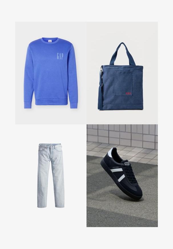 Blauwe trui met lange mouwen en ronde hals met wit "GAP" logo op de linkerborst, geribbelde boorden en zoom, effen achtergrond.; Lichtblauwe denim jeans met een rechtstaand ontwerp, knopenfly, vijf zakken en een subtiele vervaagde textuur. Voorzien van metalen hardware accenten.; Zwarte leren sneaker met witte strepen, een gestructureerde rubberen zool en vetersluiting aan de voorkant. Voorzien van een merklabel op de tong.; Blauwe canvas tas met voorvak en rode "O.N.S" borduring, voorzien van dubbele handvatten en een verstelbare schouderriem.