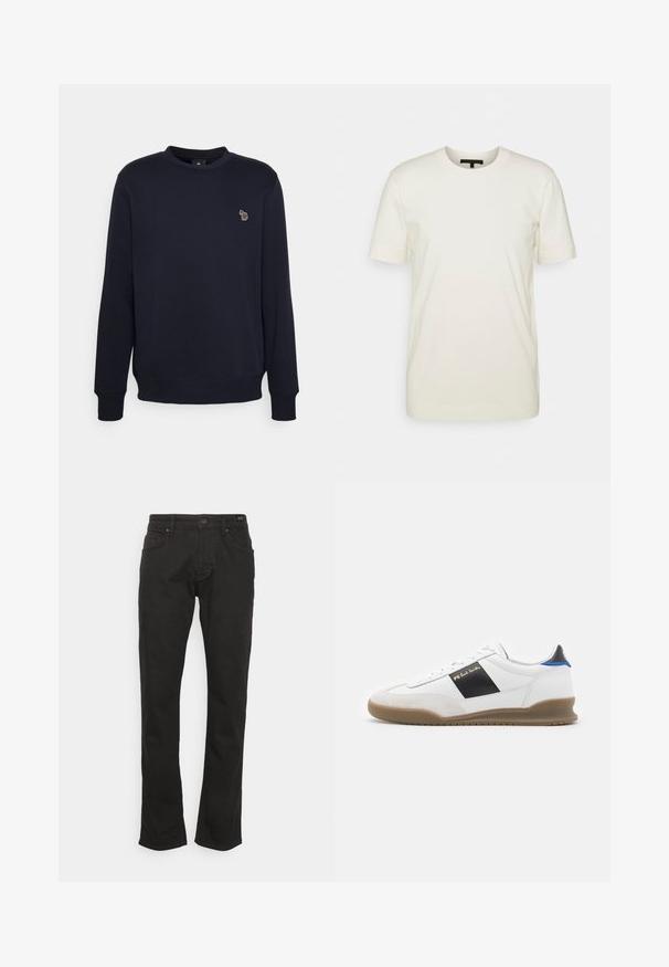 Marineblauwe sweatshirt met een ronde hals, lange mouwen en een klein geborduurd ontwerp op de borst. Zacht, gestructureerd materiaal.; DRYKORN RAPHAEL - T-shirt basic - ecru; JOOP! Jeans MITCH - Straight leg jeans - black; Witte sneaker met zwarte en blauwe accenten, bovenwerk van suède en leer, ronde neus, platte rubberen zool en gouden merkteken aan de zijkant.
