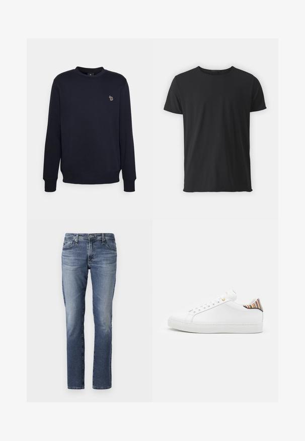 Marineblaue Sweatshirt mit Rundhalsausschnitt, langen Ärmeln und einem kleinen gestickten Design auf der Brust. Weicher, strukturierter Stoff.; Schwarz, kurzärmliges T-Shirt aus weicher Baumwolle, mit klassischem Rundhalsausschnitt und glatter Oberfläche, in gerader Form.; Denim-Jeans in mittlerem Blau, mit geradem Bein, subtilen Verwaschungen und klassischem Fünf-Taschen-Design. Metallbeschläge an Taille und Taschen.; Weiße Ledersneaker mit glatter Oberfläche, ausgestattet mit einem bunten gestreiften Akzent an der Ferse, goldener Öse und flacher weißer Sole.