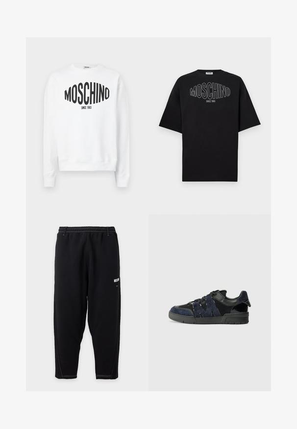 Witte sweatshirt met een zwart "Moschino"-logo met de tekst "SINCE 1983", lange mouwen en een ronde halslijn. Zacht katoenen materiaal.; Zwart katoenen T-shirt met een groot, omlijnd "MOSCHINO"-logo in wit, met daaronder "SINCE 1983", korte mouwen en een relaxte pasvorm.; Zwarte taps toelopende joggingbroek met elastische tailleband, witte contrasterende stiksels en klein wit "Moschino" logo op het bovenbeen.; Zwarte en marineblauwe sneakers zijn gemaakt van suede en mesh materialen, met een dikke zool en een opvallend uitgesneden "M" detail aan de zijkant.