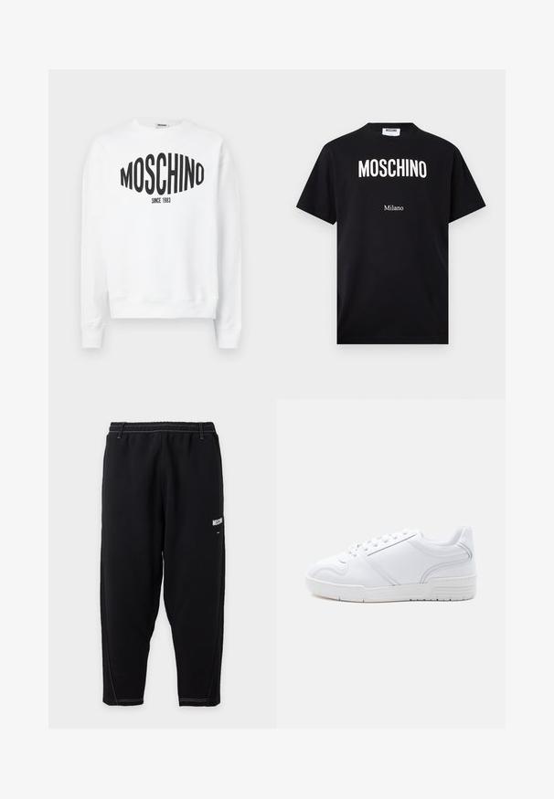 Witte sweatshirt met een zwart "Moschino"-logo met de tekst "SINCE 1983", lange mouwen en een ronde halslijn. Zacht katoenen materiaal.; Zwart katoenen T-shirt met witte "MOSCHINO"-logo en "Milano"-tekst, korte mouwen, ronde hals en rechte zoom. Eenvoudig ontwerp.; Zwarte taps toelopende joggingbroek met elastische tailleband, witte contrasterende stiksels en klein wit "Moschino" logo op het bovenbeen.; Witte lage sneaker met veterontwerp, glad synthetisch bovenwerk en een patroon op de rubberen zool, afgebeeld tegen een effen lichte achtergrond.