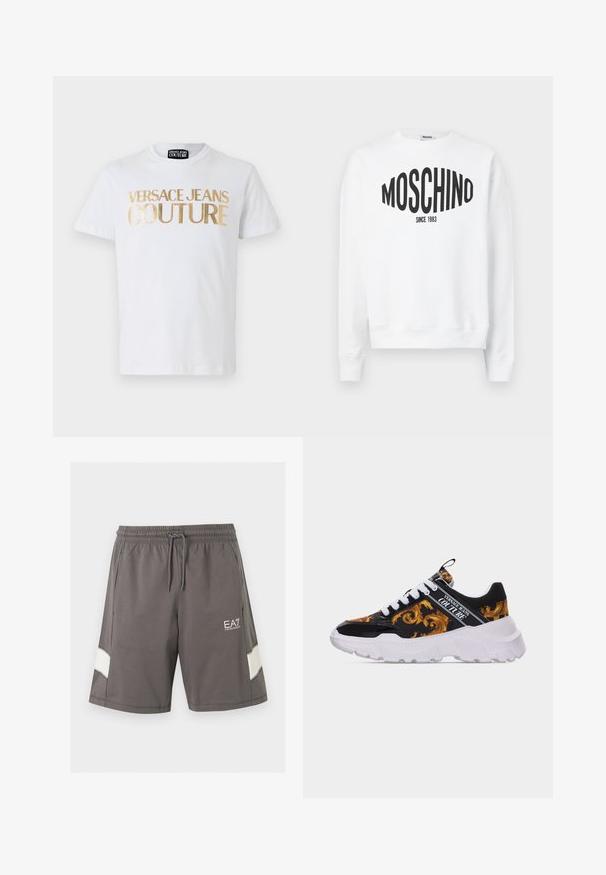 Λευκή φούτερ μπλούζα με μαύρο λογότυπο "Moschino" και το κείμενο "SINCE 1983", μακριά μανίκια και στρογγυλή λαιμόκοψη. Μαλακό βαμβακερό υλικό.; Λευκό βαμβακερό μπλουζάκι με έντονη χρυσή εκτύπωση "VERSACE JEANS COUTURE" στο μπροστινό μέρος. Στρογγυλή λαιμόκοψη και κοντά μανίκια.; Γκρι σορτς με ελαστική μέση και κορδόνι, πλαϊνές τσέπες, λευκές ρίγες στα πόδια και λευκό λογότυπο EA7 Emporio Armani στο αριστερό μηρό.; Αθλητικό παπούτσι με μαύρο και χρυσό σχέδιο, λευκή χοντρή σόλα και λευκά κορδόνια, με την επωνυμία «Versace Jeans Couture» στο πλάι.