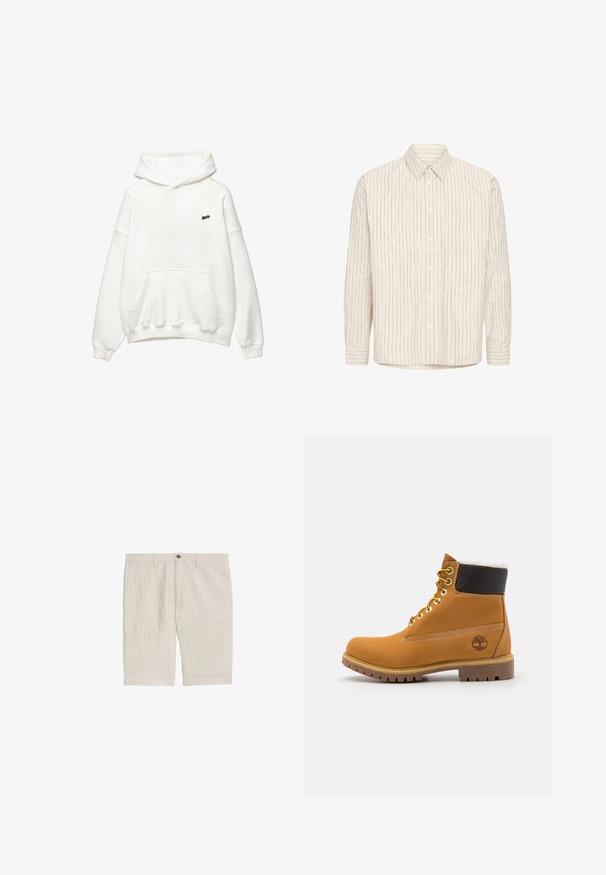 Weißer Hoodie aus Baumwollmischgewebe, mit einer Kängurutasche, Kapuze mit Kordelzug und kleinem schwarzem Logo auf der Brust.; Hellbeige Hemd zum Knöpfen mit vertikalen dunkelblauen Streifen, spitzem Kragen, langen Ärmeln und einer einzelnen Brusttasche. Aus weichem Stoff gefertigt.; Beige Shorts aus leichtem Stoff, mit vertikalen Streifen, einem vorderen Knopfverschluss und seitlichen Taschen. Gerade Beinform.; Braune Leder-Ankle-Boots mit Metallösen, weißem Kunstfellfutter, schwarzem gepolstertem Kragen, robustem Sohlenprofil und geprägtem Logo an der Seite.