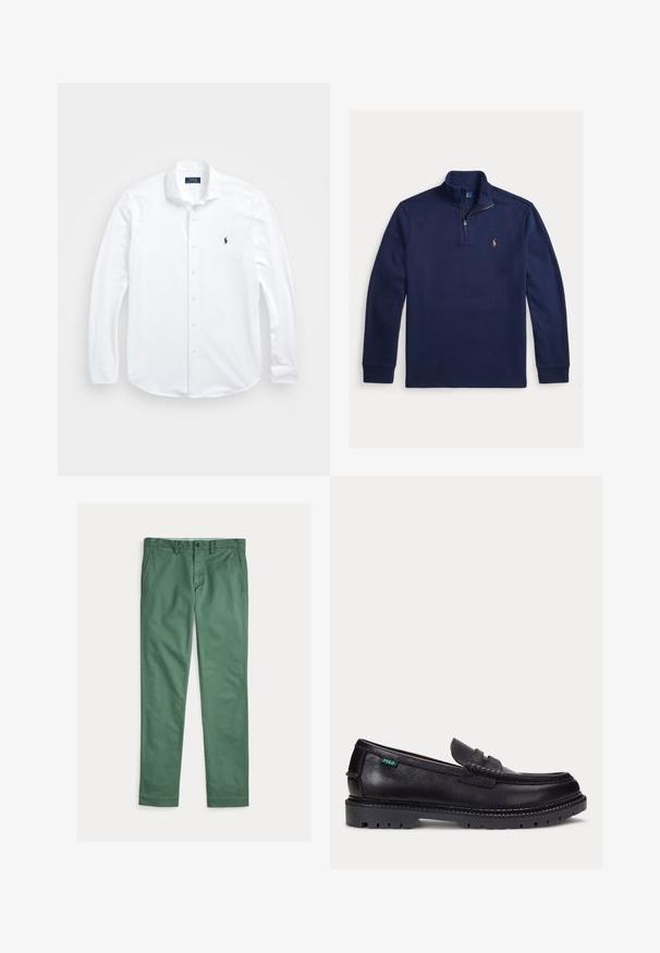 Marineblauwe lange mouwen trui met kwart rits, opstaande kraag en klein geel geborduurd logo op de linkerborst.; Witte lange mouwen knoopshirt van katoen. Heeft een klassieke kraag, normale pasvorm en een klein marineblauw logo op de borst.; Groene rechte herenbroek met voorzakken, riemlussen en knoopsluiting, plat uitgespreid op een witte achtergrond.; Zwarte leren loafer met dikke geprofileerde zool en klein groen "Polo" label aan de buitenkant bij de hiel.