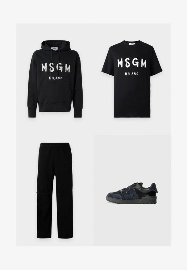 Schwarzer Hoodie mit weißem MSGM Milano Logo auf der Vorderseite, ausgestattet mit einer Fronttasche und einer Kapuze mit Kordelzug.; Schwarzes Baumwoll-T-Shirt mit dem auffälligen weißen Text "MSGM MILANO". Kurzärmlig und mit einem Rundhalsausschnitt. Glatte Textur mit einer lockeren Passform.; Schwarze Fleece-Hosen mit elastischem Bund und geradem Bein. Glatte Textur ohne sichtbare Muster oder Beschläge.; Schwarze und marineblaue Sneakers aus Wildleder und Mesh-Materialien, mit einer dicken Sohle und einem markanten Ausschnitt in Form eines "M"-Details an der Seite.