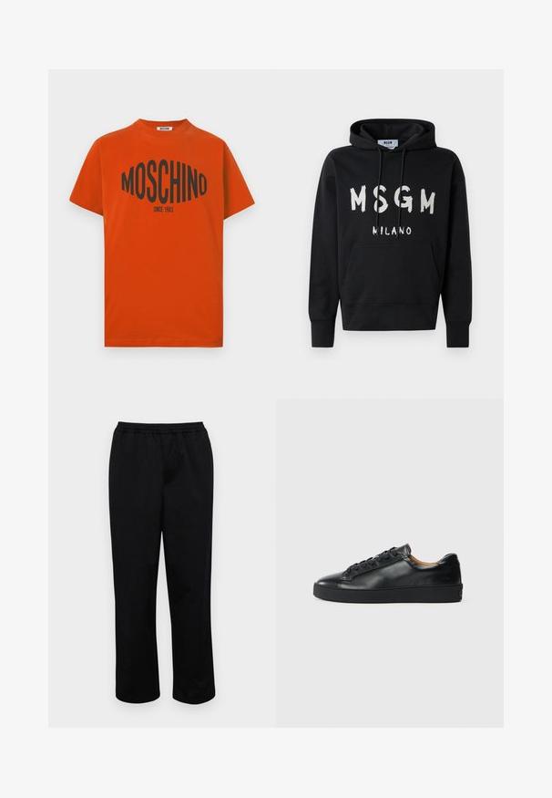 Μαύρη φόρμα με κουκούλα και λευκό λογότυπο MSGM Milano μπροστά, διαθέτοντας μπροστινή τσέπη και κορδόνι στην κουκούλα.; Κόκκινο βαμβακερό μπλουζάκι με έντονο μαύρο λογότυπο "MOSCHINO" και το κείμενο "SINCE 1983" στο στήθος. Κοντά μανίκια και στρογγυλή λαιμόκοψη.; Μαύρο,παντελόνι μέσου μήκους με ελαστική μέση. Φτιαγμένο από λείο ύφασμα, διαθέτει άνετη εφαρμογή και χωρίς ορατές τσέπες ή διακοσμητικά στοιχεία.; Μαύρο δερμάτινο αθλητικό παπούτσι με λεία υφή, στρογγυλή μύτη και κορδόνια. Διαθέτει παχιά καουτσούκ σόλα και ελάχιστες λεπτομέρειες branding.