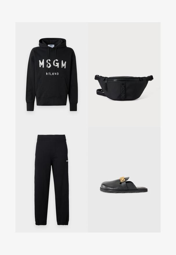 Zwarte hoodie met wit MSGM Milano logo op de voorkant, voorzien van een voorzak en een capuchon met trekkoord.; Zwarte joggingbroek met elastische tailleband en boorden, voorzien van een klein wit logo op de bovenkant van de linker dij.; Zwarte leren instapschoenen met een gouden decoratieve band en een lage, gestructureerde rubberen zool op een effen achtergrond.; Zwarte Moschino heuptas met rits aan de voorkant en verstelbare band op een egale lichte achtergrond.