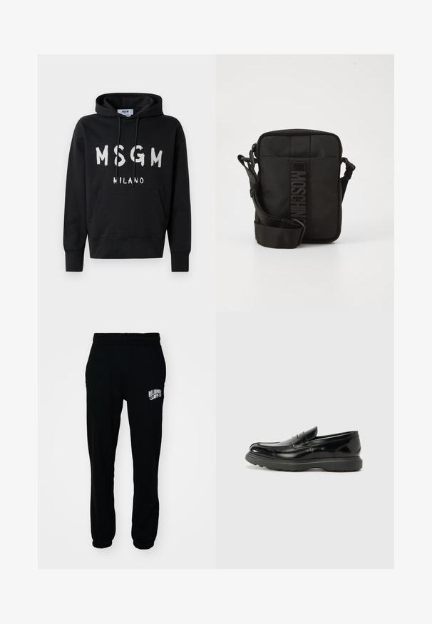 Schwarzer Hoodie mit weißem MSGM Milano Logo auf der Vorderseite, ausgestattet mit einer Fronttasche und einer Kapuze mit Kordelzug.; Schwarze Fleece-Jogginghosen mit elastischem Bund und Bündchen. Mit einem weißen Logo auf dem linken Oberschenkel. Glatte Textur, lockere Passform.; Schwarze Lederloafer mit glanzendem Finish, abgerundetem Zehenbereich, subtilen Steppnähten und einer dicken Gummisohle für Langlebigkeit.; Kompakte schwarze Umhängetasche mit verstellbarem Tragegurt und vertikalem MOSCHINO-Logo auf dem mittleren Frontpanel vor weißem Hintergrund.