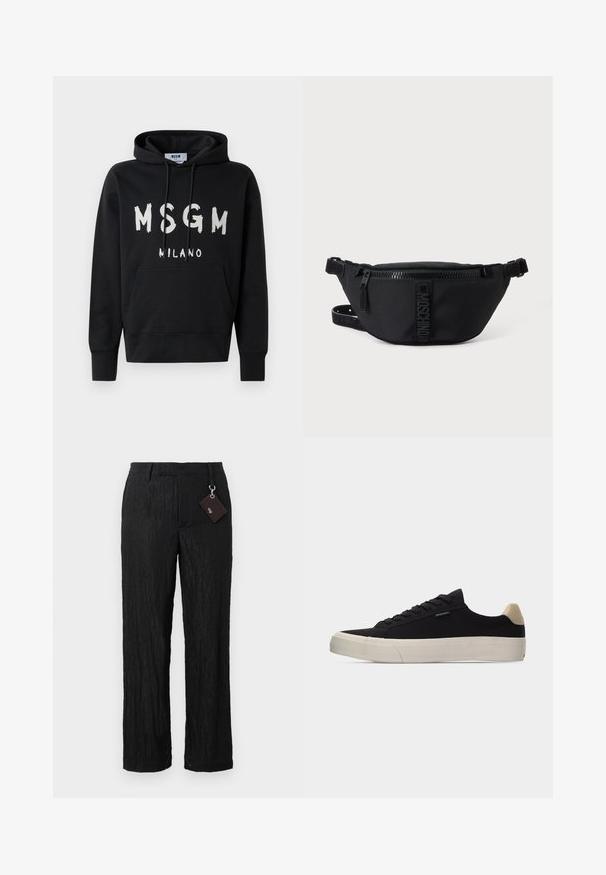 Sort hættetrøje med hvid MSGM Milano-logo på fronten, med en frontlomme og snøre i hætten.; Sorte, teksturerede bukser med vide ben, glat overflade og synlige sømme; inkluderer et mærke fastgjort med en sølvhardware løkke.; Sort lavsko med beige hælkappe, tyk hvid gummisål, sorte snørebånd og lille "PS Paul Smith" mærke på siden.; Sort Moschino bæltetaske med frontlynlås og justerbar rem på en ensfarvet lys baggrund.