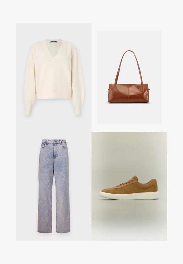 Vero Moda Knitted VMBOOM Knitted - Svetrík - birch melange; Svetlomodré džínsy s uvoľneným strihom, rovné nohy, vysokým pásom, piatimi vreckami a bronzovými gombíkmi.; Hnedý kožený teniska s hnedými šnúrkami a hrubou bielou gumovou podrážkou na neutrálnom pozadí.; Hnedá obdĺžniková kožená kabelka s dvoma dlhými ramennými pásmi, hladkým lesklým povrchom a minimalistickým dizajnom na jednoduchom pozadí.