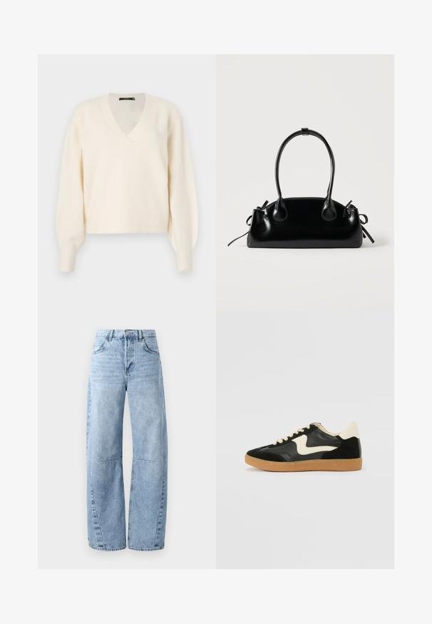 Vero Moda Knitted VMBOOM Knitted - Svetrík - birch melange; Svetlomodré džínsy s širokými nohavicami vyrobené z denimu, s vysokým pásom, piatimi vreckami a jemným omedzením. Nohavice majú viditeľné švy a švy.; Čierne semišové a kožené tenisky s krémovým bočným prešívaním a svetlo krémovou pätou. Obsahujú béžové šnúrky a podošvu z gumeného kaučuku.; Malá čierna lesklá kabelka s dvoma dlhými rúčkami a bočnými šnúrkovými detailmi na jednoduchom svetlom pozadí.