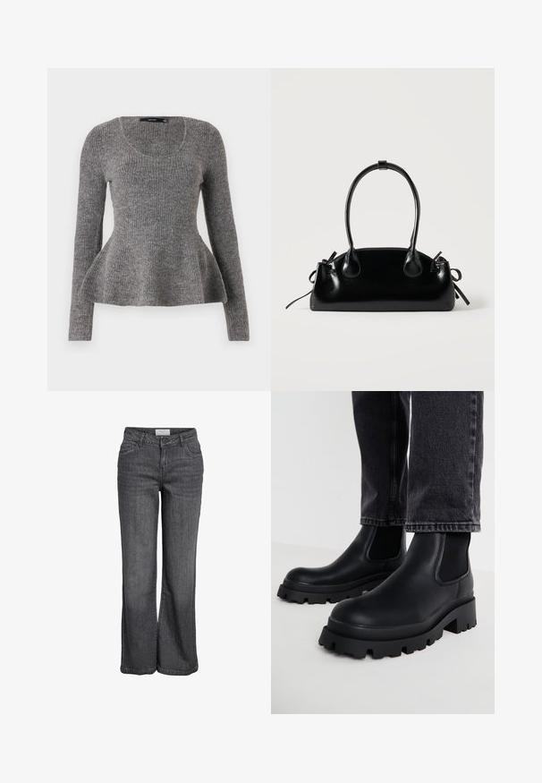 Grå ribbet sweater, lange ærmer, scoop-udskæring, flared kantdetalje ved taljen, medium-vægt strikket tekstur, blødt materiale.; Bredde ben jeans i mørkegrå denim. Har høj talje, traditionelt fem-lomme design og en ren kanten uden udsmykning.; Sorte ankelstøvler med en kraftig sål, lavet af glat læder, med elastiske sidepaneler og en blokhæl, parret med mørke denimbukser.; Lille sort blank håndtaske med to lange håndtag og snøre-detaljer i siden på en ensfarvet lys baggrund.