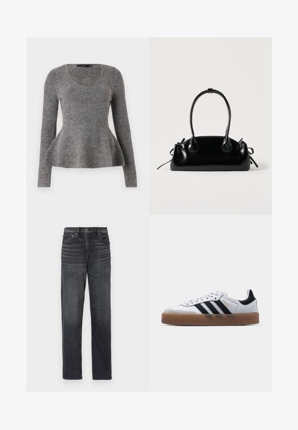 Grau gestreifter Pullover, lange Ärmel, runder Ausschnitt, ausgestellter Saum an der Taille, mittelschweres Strickmaterial, weicher Stoff.; Schwarze Jeans aus Denim mit geradem Bein, featuring Fronttaschen, einem Knopfverschluss und subtilen Verwaschungen.; Weiße Leder Sneakers mit schwarzen Streifen, Gummigummi-Außensohle, runder Zehenform, Schnürverschluss und weichem grauem Wildleder-Zehenkappe.; Kleine schwarze glänzende Handtasche mit zwei langen Griffen und seitlichen Kordelzug-Details vor einfachem hellem Hintergrund.
