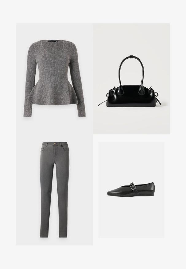 Grå ribbet sweater, lange ærmer, scoop-udskæring, flared kantdetalje ved taljen, medium-vægt strikket tekstur, blødt materiale.; Grå denim skinny jeans med en tætsiddende pasform, fem lomme stil og en enkelt metalknaplukning i taljen.; Sorte læder flade sko med spidse tæer, prydet med en metallisk spænde over vristen og en lav, fleksibel sål.; Lille sort blank håndtaske med to lange håndtag og snøre-detaljer i siden på en ensfarvet lys baggrund.