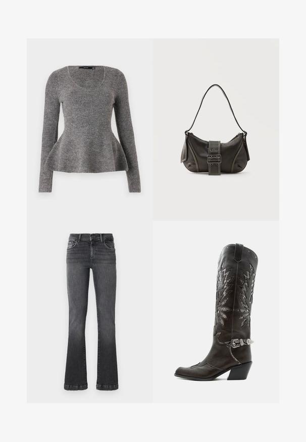 Pull gris à côtes, manches longues, encolure arrondie, bas évasé au niveau de la taille, texture en tricot de poids moyen, matériau doux.; Jean noir évasé en denim de poids moyen. Conception à cinq poches avec un subtil délavage et des coutures contrastantes le long des coutures.; Botte de cowboy en cuir noir avec découpes décoratives, boucle argentée et talon incliné, présentée sur fond blanc.; Sac à épaule en cuir noir avec une sangle à boucle, des bords arrondis et des coutures blanches contrastées sur un fond uni.
