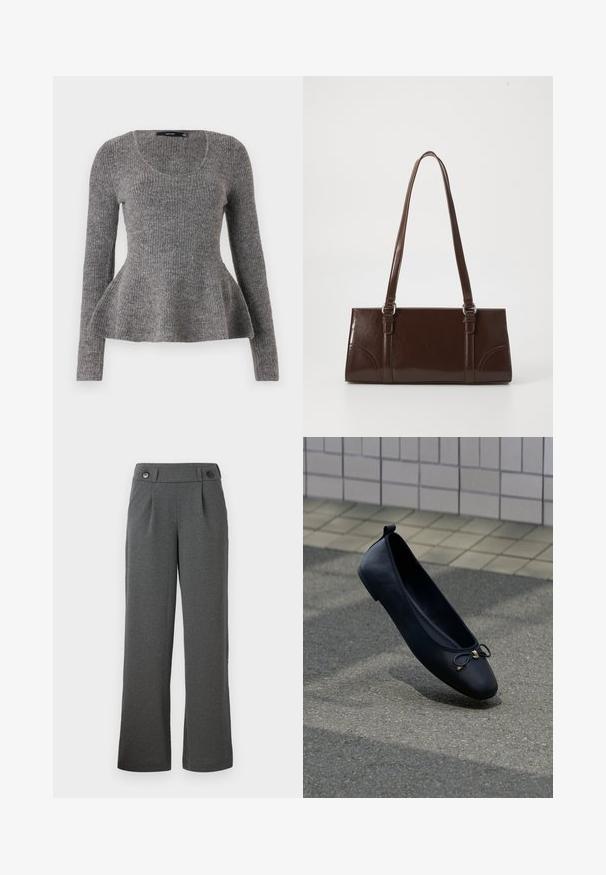 Grå ribbet sweater, lange ærmer, scoop-udskæring, flared kantdetalje ved taljen, medium-vægt strikket tekstur, blødt materiale.; Grå brede bukser lavet af struktureret stof, med høj talje, frontfolder og to knapper i taljen.; Sort balletflat med en lille sløjfe på toppen, svævende over en tekstureret grå fortov med en baggrund af flisevæg.; Brun lakeret håndtaske med rektangulær form, to lange håndtag og subtile buede detaljer på fronten.