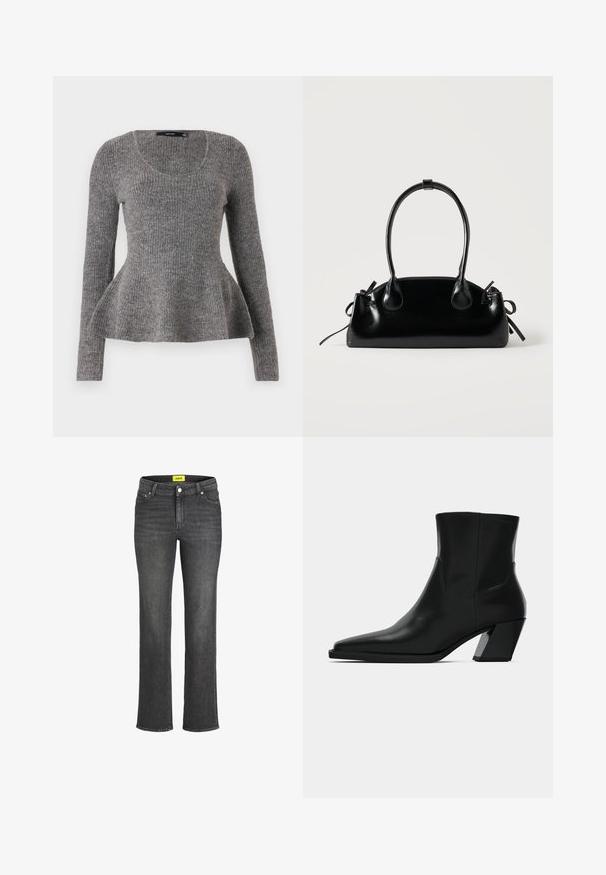 Suéter gris de canalé, de manga larga, con escote en pico, detalle de dobladillo acampanado en la cintura, textura de punto de peso medio, material suave.; Jeans de denim gris oscuro con diseño de pierna recta, estilo de cinco bolsillos y etiqueta de marca amarilla en la cinturilla. Cierre de botón metálico.; Bota de tobillo de cuero negro con punta afilada, una silueta elegante y un tacón cuadrado grueso. Textura suave con detalles de costura mínimos.; Pequeño bolso negro brillante con dos asas largas y detalles de cordón lateral sobre un fondo claro liso.