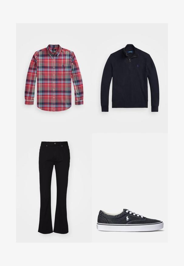 Marineblauwe kwart-rits trui met lange mouwen, geribbelde manchetten en een klein geborduurd polo speler logo op de linkerborst.; Langarm geruite overhemd in rood, blauw en groen met button-down kraag, borstzak en geborduurd logo aan de linkerkant.; Zwarte high-waist flared jeans met een knoop aan de voorkant en vijf-pocket ontwerp, gepresenteerd op een witte achtergrond.; Zwarte denim sneakers met witte veters en rubberen zolen. Heeft een klein wit logo aan de zijkant en contrasterende stiksels. Plat ontwerp.
