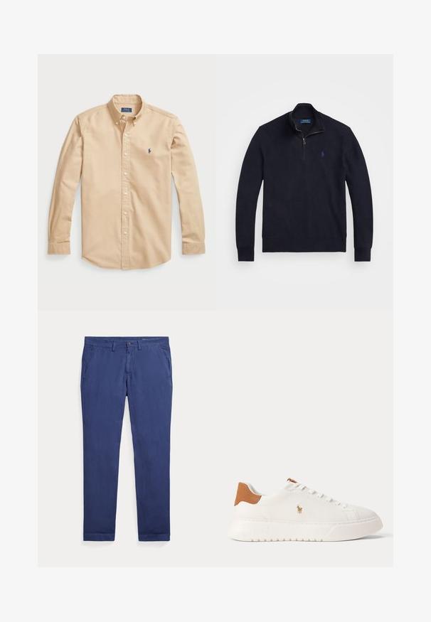 Marineblaues Quarter-Zip-Pullover mit langen Ärmeln, Rippbündchen und einem kleinen gestickten Polo-Spieler-Logo auf der linken Brust.; Helles beige Baumwollhemd mit Knöpfen, klassischem Kragen, langen Ärmeln, weißen Knöpfen und einem kleinen blauen Logo auf der Brust.; Marineblaue Herren-Slim-Fit-Freizeithose mit Gürtelschlaufen, vorderer Knopf- und Reißverschluss sowie Seitentaschen, flach auf weißem Hintergrund liegend.; Weißer Sneaker mit niedrigem Schaft, beige Fersenlasche, weißen Schnürsenkeln und kleinem, besticktem Polospieler-Logo an der Seite über einer dicken Sohle.
