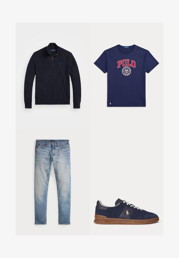 Marineblauwe kwart-rits trui met lange mouwen, geribbelde manchetten en een klein geborduurd polo speler logo op de linkerborst.; Marineblauw T-shirt met korte mouwen met rode tekst "POLO" en rond Polo Ralph Lauren New York-logo op de voorkant, klein wit paardenlogo vlak bij de zoom.; Lichtblauwe denim jeans met een vervaagde afwerking, vijfzakkenontwerp en contrasterende stiksels. Heeft een ritssluiting en riemlussen. Rechte snit.; Marineblauwe lage sneaker met witte veters, bruine zool en Polo-spelerlogo aan de zijkant, gezien van links.