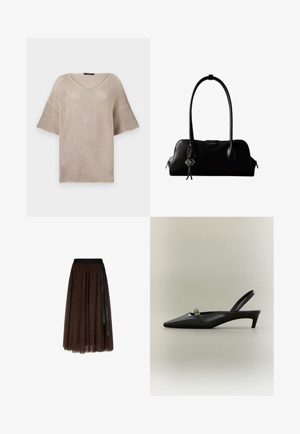 Løst strikket beige sweater med V-hals, korte ærmer og en løs pasform. Materialet er let og har et struktureret vævemønster.; Brun midi-længde tylskørt med sort elastisk talje og lang sort bånddetalje hængende på den ene side.; Sort læder slingback med kitten heel, spids tå og lille guldfarvet spænde på en ensfarvet baggrund.; Sort lædertaske fra Calvin Klein med lange håndtag, en forside-logo-tag og en sølv geometrisk vedhæng, der hænger fra det ene håndtag.
