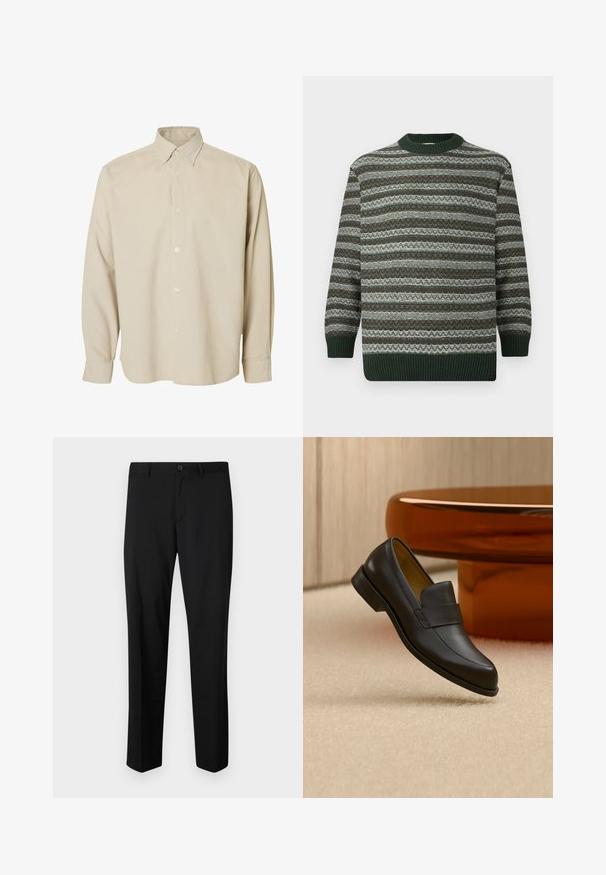 Langærmet sweater med vandrette grønne, brune og hvide mønstrede striber, ribbede manchetter, kant og rund halsudskæring.; Beige langærmet skjorte med knapper, spids krave og knappede manchetter, vist mod en ensfarvet hvid baggrund.; Sorte skræddersyede bukser med flad front, standard talje og lige ben. Lavet af glat stof, med en enkelt knaplukning.; Sort læder loafers med lav hæl svævende over beige tæppe ved rundt brunt bord.