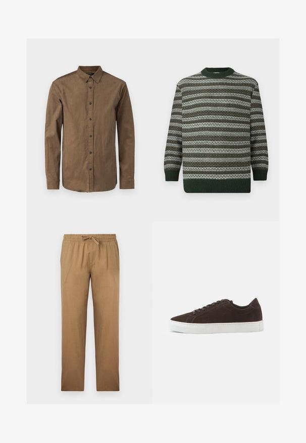 Langærmet sweater med vandrette grønne, brune og hvide mønstrede striber, ribbede manchetter, kant og rund halsudskæring.; Brun, knap-op skjorte lavet af tekstureret stof, med spredt krave og lange ærmer med knapmanchetter. Syv forreste knapper.; Lysbrune, løstsiddende bukser lavet af et glat stof. De har en elastisk talje med snøre og lige ben-design.; Mørkebrune ruskind lave sneakers med matchende snørebånd og tyk hvid gummisål, vist fra siden på en ensfarvet baggrund.