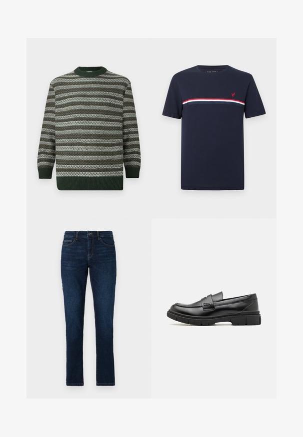 Langærmet sweater med vandrette grønne, brune og hvide mønstrede striber, ribbede manchetter, kant og rund halsudskæring.; Marineblå kortærmet T-shirt med røde, hvide og mørkeblå vandrette striber over brystet og et lille rødt fuglelogo på venstre side.; Mørkeblå denimjeans med slim fit, standard fem lomme-design og lukning med knap og lynlås. Glat tekstur med minimal falming.; Sort læder loafersko med en bred rem over forfoden, gummisål med tykke mønstre og glat overflade. Klassisk, slankt design.