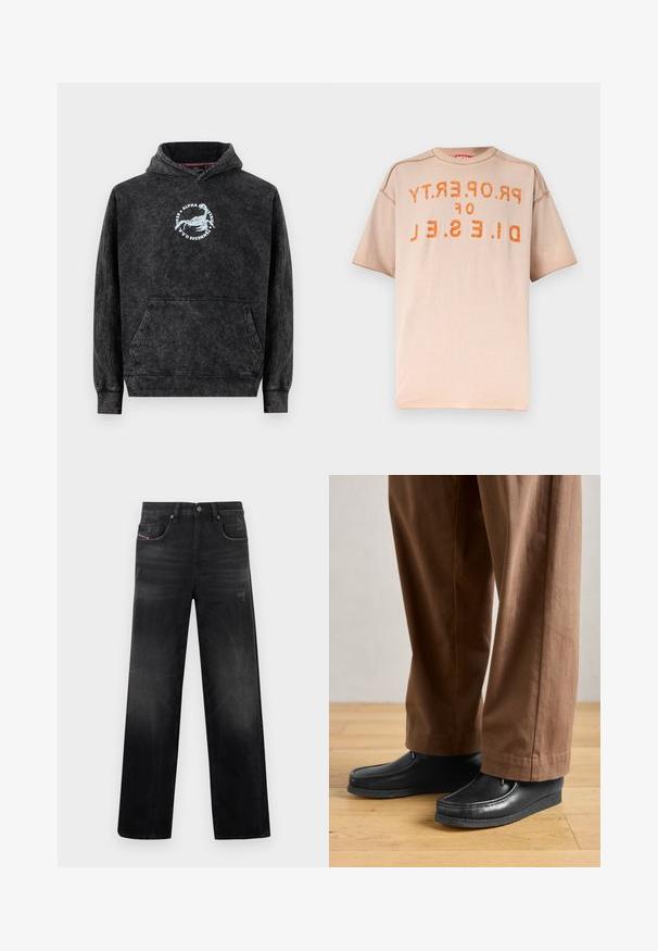Must pesuga kapuutsiga pusa eesmine kängurutaskuga, millel on valge skorpioni logo ja rinnal kiri "Alpha Industries Tennessee U.S.A.".; Beež lühikeste varrukatega T-särk, millel on oranž värv tuhmunud tekstiga „PROPERTY OF DIESEL“ rindkere piirkonnas tagurpidi trükitud.; Mustad teksapüksid sirgete sääreotstega, millel on viis taskut, peened pleekimised ja kulunud ilme. Nähtavad metallist detailid ja õmblused.; Mustad nahast kingad mokasiini disainiga ja tikanditega, millele on paigutatud pruunid püksid, puidust põrandal.