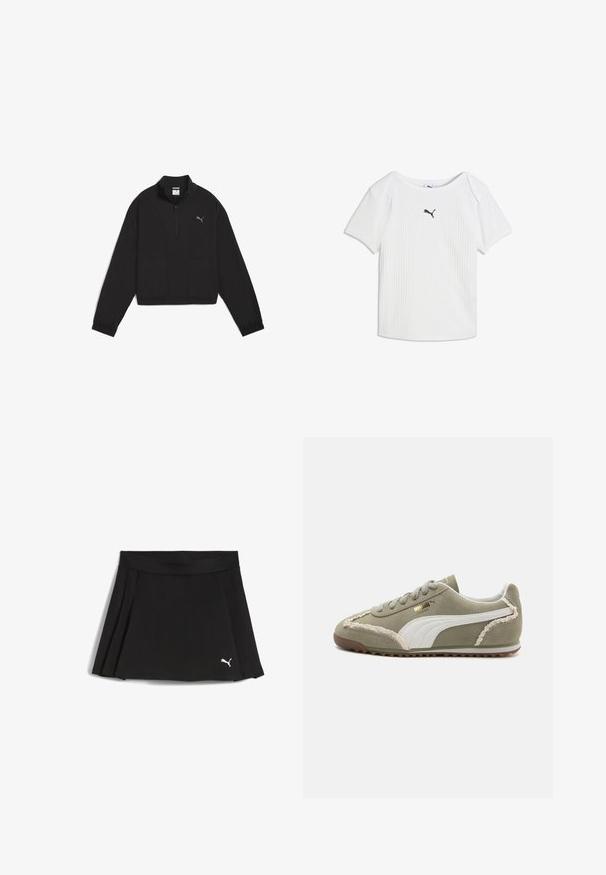 Zwarte cropped pullover met lange mouwen en kwart ritssluiting, elastische boorden en zoom, met een klein Puma-logo op de linkerborst.; Wit geribd T-shirt met korte mouwen, een ronde halslijn en een klein zwart Puma-logo in het midden van de borst.; Zwarte geplooide rok van rekbare stof, met een brede tailleband en een klein wit Puma-logo aan de onderzijde rechts.; Groene suède sneakers met witte leren accenten, geprofileerde stiksels, vetersluiting aan de voorkant en rubberen zool. Bevat unieke ontwerpelementen langs de zijkanten.