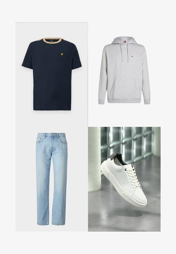 Grå hættetrøje i bomuldsblanding med frontlomme (kangaroo pocket), ribbede manchetter og et lille logo på brystet.; Mørkeblå t-shirt lavet af bomuld med rund halsudskæring og korte ærmer. Har en sandfarvet kant og et lille guld broderet logo.; Lysblå denim jeans med lige snit, der har et klassisk fem-lomme design og subtile falmninger i stoffet.; Hvid lav tå-sneaker med sort struktureret hælfane, hvide snørebånd og tyk sål på en poleret betongulv nær glasblokke.