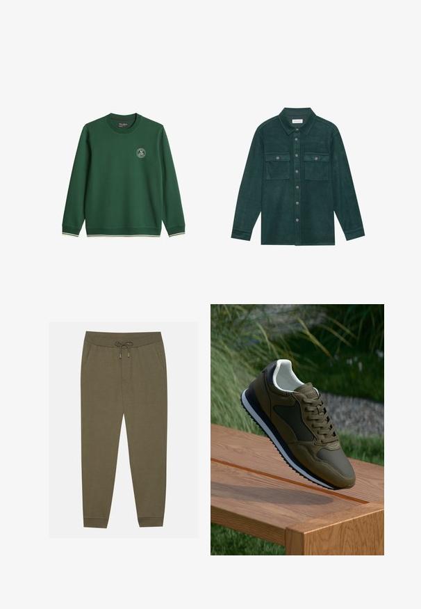 Sweat-shirt vert foncé col rond à manches longues, petit logo circulaire sur la poitrine gauche, avec bordure blanche rayée aux poignets et à l'ourlet.; Chemise en flanelle vert foncé avec col, deux poches avant et fermetures à boutons sur le devant. Texture douce, manches longues avec poignets.; Pantalons de jogging vert olive avec une taille élastique, cordon de serrage, poches latérales et jambes fuselées. Fabriqués en tissu doux au toucher lisse.; Baskets vert olive avec une tige en cuir lisse, des accents en tissu et une semelle en caoutchouc noire ; elles présentent un design à lacets et un col rembourré.