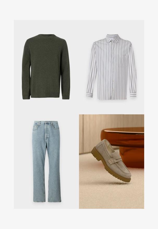 Pull en maille vert foncé avec un col rond, des manches longues, et des poignets et un ourlet côtelés. Texture lisse avec un motif uni.; Chemise à boutons en gris clair avec des rayures verticales blanches, manches longues, col, poche poitrine unique et texture subtile.; Jeans en denim bleu clair à taille haute, avec des jambes droites larges et des coutures simples. Comprend cinq poches et une fermeture à bouton classique.; Mocassin en daim gris clair avec une semelle en caoutchouc marron épaisse, posé sur un tapis beige devant une table ronde marron floue.