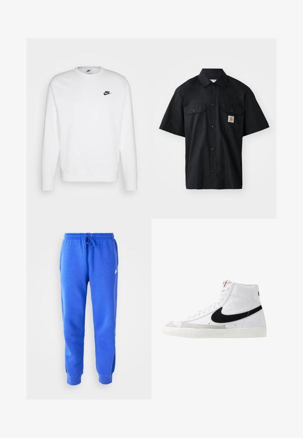 Sudadera blanca de algodón con mangas largas, cuello redondo y logo negro de Nike en el lado izquierdo del pecho. Textura suave con puños acanalados.; Camisa negra de manga corta hecha de tejido entrelazado, con cierre de botones en la parte delantera, dos bolsillos en el pecho y un pequeño parche de logo naranja.; Pantalones deportivos azules con cintura ajustable y puños acanalados. Hechos de un tejido suave que presenta un pequeño logo en la pierna izquierda.; Zapatillas altas blancas con un swoosh negro, una puntera texturizada en gris y suela plana blanca. Presenta seis ojales y acentos cosidos.