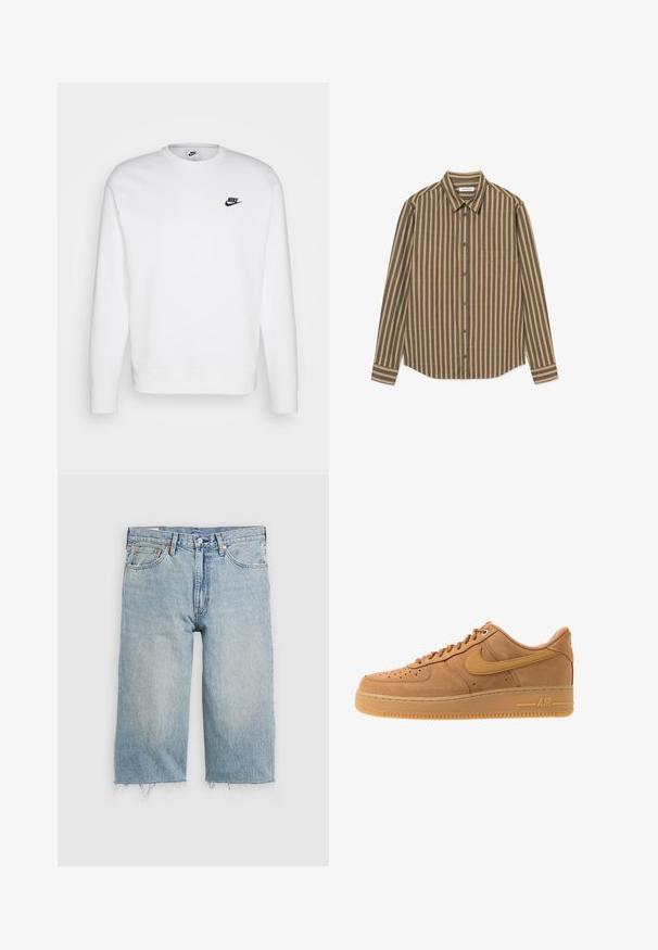 Biela mikina vyrobená z bavlny s dlhými rukávmi, okrúhlym výstrihom a čiernym logom Nike na ľavej hrudi. Mäkká textúra s rebrovanými manžetami.; Košeľa s dlhým rukávom na zapínanie na gombíky s vertikálnymi pruhmi v hnedej, béžovej a sivej farbe a predným náprsným vreckom.; Svetlomodré džínsové šortky so striženým strihom, rozstrapkaným lemom, dizajnom s piatimi vreckami a gombíkovým zapínaním v páse.; Nike Sportswear AIR FORCE 1 07 - Tenisky - flax/wheat/light brown/black/team gold