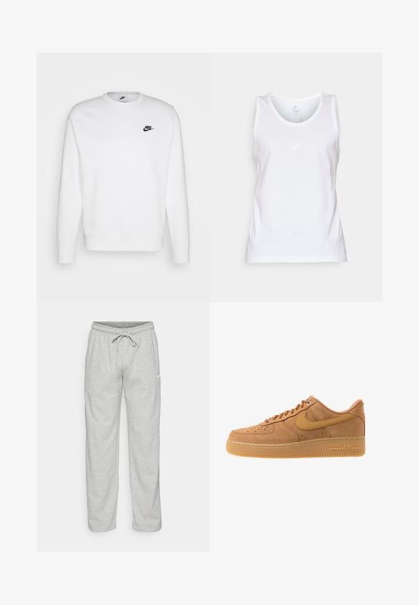 Hvid sweatshirt lavet af bomuld med lange ærmer, rund halsudskæring og sort Nike-logo på venstre bryst. Blød tekstur med ribbede manchetter.; Hvid bomulds tanktop med rund hals, ærmeløst design og et lille tonet Nike-logo på forsiden. Glat tekstur.; Lys grå sweatpants lavet af blødt stof. Har en elastisk talje med snøre og Nike-logo i sort på venstre lår.; Nike Sportswear AIR FORCE 1 07 - Sneakers - flax/wheat/light brown/black/team gold