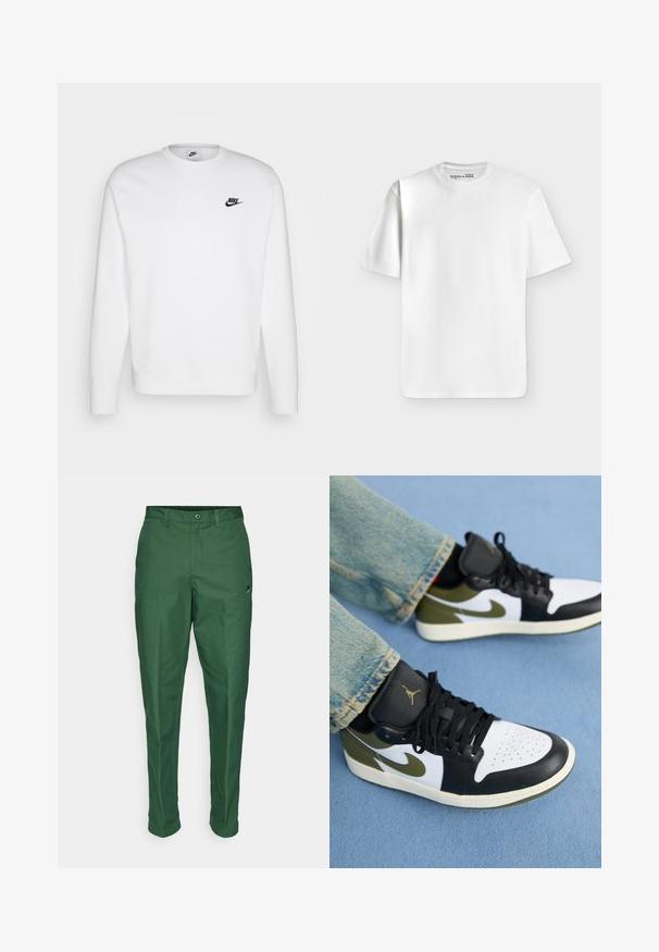 Valge puuvillane dressipluus pikkade varrukatega, ümmarguse kaelusega ja must Nike logo vasakul rinnal. Pehme tekstuur, ribidega mansetid.; Lihtne valge lühikeste varrukatega T-särk ümar kaelusega, tasapinnal helehallil taustal, kaeluse sees väike brändisilt.; Rohelised püksid, mis on valmistatud siledast kangast, standardse lõikega, lamedate ettepuurtega ja väikese logo detailiga vöökoha lähedal.; Must-haves mustas mustahorna, millegi mustvalge ja oliivroheline mustmustreid, kaunistab perforeeritud varvas, lame pael ja brändi keeletähega.