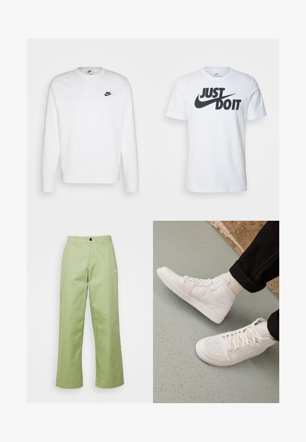 Biela mikina vyrobená z bavlny s dlhými rukávmi, okrúhlym výstrihom a čiernym logom Nike na ľavej hrudi. Mäkká textúra s rebrovanými manžetami.; Biely bavlnený tričko s výrazným čiernym logom "Just Do It" a Nike swoosh. Klasický strih s okrúhlym výstrihom a krátkymi rukávmi.; Svetlozelené široké nohavice vyrobené z hladkej tkaniny so zapínaním na gombík, na prednej strane s malým logom Nike.; Biele vysoké tenisky vyrobené z hladkej kože s perforovaným špičkou, šnurovacím uzáverom a nenápadným logom na boku. Textúrovaná gumová podrážka.