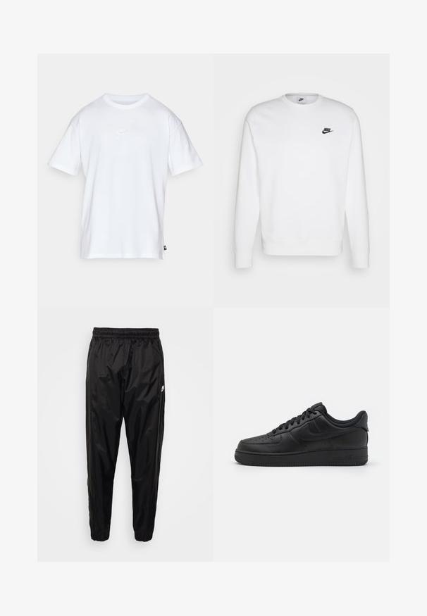 Weißes Sweatshirt aus Baumwolle mit langen Ärmeln und Rundhalsausschnitt sowie dem schwarzen Nike-Logo auf der linken Brust. Weicher Stoff mit gerippten Bündchen.; Weißes Baumwoll-T-Shirt mit kurzen Ärmeln und Rundhalsausschnitt. Verfügt über ein kleines, dezentes Nike-Logo auf der Brust und ein seitliches Etikett.; Schwarze Jogginghose aus leichtem, glänzendem Material mit elastischem Bund, schmalem Schnitt und Reißverschlusstaschen. Mit einem Logoakzent.; Nike Sportswear AIR FORCE 1 07 FLYEASE - Sneaker low - black
