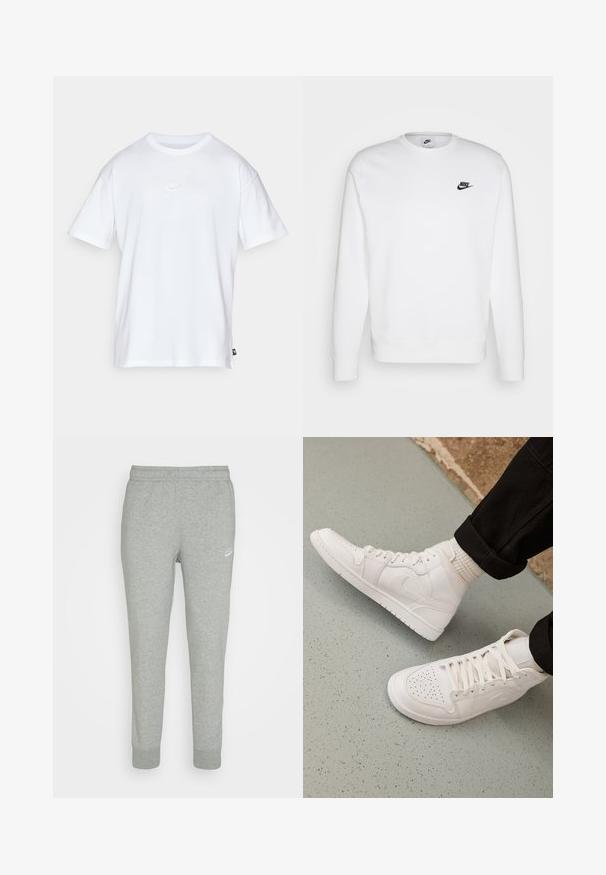 Weißes Sweatshirt aus Baumwolle mit langen Ärmeln und Rundhalsausschnitt sowie dem schwarzen Nike-Logo auf der linken Brust. Weicher Stoff mit gerippten Bündchen.; Weißes Baumwoll-T-Shirt mit kurzen Ärmeln und Rundhalsausschnitt. Verfügt über ein kleines, dezentes Nike-Logo auf der Brust und ein seitliches Etikett.; Graue Sweatpants aus weichem Stoff, mit schmal zulaufendem Bein, elastischem Bund und kleinem weißen Nike-Logo am linken Oberschenkel.; Weisse High-Top-Sneaker aus glattem Leder mit perforierter Zehenpartie, Schnürverschluß und dezentem Logodetail an der Seite. Strukturierte Gummisohle.
