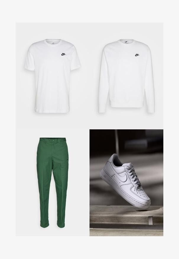Hvid sweatshirt lavet af bomuld med lange ærmer, rund halsudskæring og sort Nike-logo på venstre bryst. Blød tekstur med ribbede manchetter.; Hvid bomulds T-shirt med rund hals, korte ærmer og et sort Nike-logo på venstre bryst. Enkel, ensfarvet design.; Grønne bukser lavet af et glat stof, med en standard pasform, flad front og en lille logoaccent nær taljen.; Hvid læder Nike Air Force 1 sneaker med perforeret tå, flade snørebånd og tekstureret gummisål med "AIR" branding på siden.