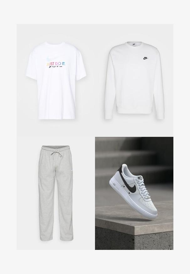 Valge puuvillane dressipluus pikkade varrukatega, ümmarguse kaelusega ja must Nike logo vasakul rinnal. Pehme tekstuur, ribidega mansetid.; Valge puuvillane T-särk lühikeste varrukatega, mille ees on mitmevärviline tekst "LIHTSALT TEHA." ja Nike'i logo.; Heledad hallhallid, mis on valmistatud pehmest kangast. Omab elastset vöökohta, millel on nöör ja must Nike logo vasakul reitel.; Valge Nike Air Force 1 toss musta Swoosh logo jaotuses, hõljub betoonserva kohal, kus taustal on hägused trepid.