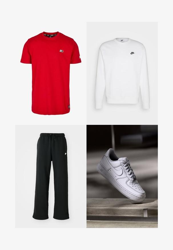 Hvid sweatshirt lavet af bomuld med lange ærmer, rund halsudskæring og sort Nike-logo på venstre bryst. Blød tekstur med ribbede manchetter.; Rød bomulds t-shirt med rund hals, korte ærmer og et lille sort logo på venstre bryst og ærme. Glat, ensfarvet stof.; Sorte joggingbukser lavet af blødt stof, med elastisk talje og justerbar snøring samt et lille logoakcent på siden.; Hvid læder Nike Air Force 1 sneaker med perforeret tå, flade snørebånd og tekstureret gummisål med "AIR" branding på siden.