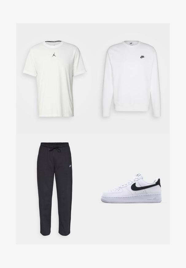 Biela mikina vyrobená z bavlny s dlhými rukávmi, okrúhlym výstrihom a čiernym logom Nike na ľavej hrudi. Mäkká textúra s rebrovanými manžetami.; Biely tričko s krátkymi rukávmi vyrobené z bavlny, so siluetou čierneho Jumpman loga na hrudi a okrúhlym výstrihom s čiernou vnútornou etiketou.; Čierne tepláky vyrobené z mäkkej tkaniny s elastickým pásom, sťahovacou šnúrkou a malým logom Nike na ľavom stehne.; Biele kožené tenisky s textúrovaným čiernym Swooshom, plochými šnúrkami a gumovou podrážkou s ryhovaným vzorom. Na päte je embosovaný nápis "AIR".