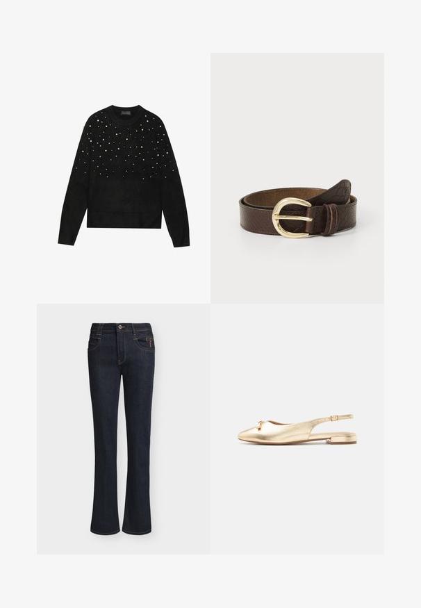 Sort strikket sweater med rund halsudskæring, prydet med spredte hvide perle detaljer og ribbede manchetter og kant. Blød tekstur og afslappet pasform.; Mørkeblå denimjeans med lette vide ben, frontknap og lynlåslukning, forlommer og synlige syningsdetaljer.; Flad sko med spids tå i guldfarve med rem og lille spænde samt lav blokhæl på hvid baggrund.; Brunt læderbælte med tekstureret overflade, udstyret med en gullig metalspænde og løkke til fastgørelse. Ca. 3 cm bred.