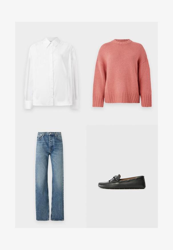 Rosa strikket sweater med rund hals, nedfaldne skuldre, struktureret stof og ribbede ærmer og kant. Løs pasform og afslappet stil.; Hvid langærmet skjorte med knapper i en blød bomuldsblanding. Har en klassisk krave, frontlukning med knapper og rundede manchetter.; Lyseblå, høj talje jeans med lige ben, lavet af denimstof. Har klassisk fem-lomme design og sølv hardware.; Sorte læder bådsko med afrundet tå, stikninger, lille sløjfedetalje og gummisål. Glat tekstur og strømlinet design.