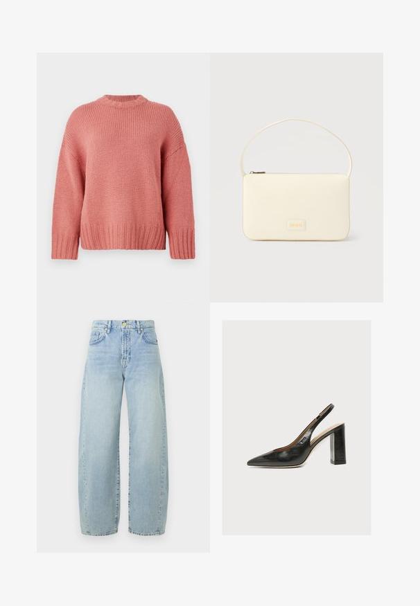 Rosa gestrickter Pullover mit rundem Ausschnitt, überschnittenen Schultern, strukturiertem Stoff und gerippten Bündchen und Saum. Lockerer Schnitt und lässiger Stil.; Hellblaue Denim-Jeans im weiten Schnitt mit hoher Taille, leichtem Ausbleichen, fünf Taschen und goldfarbener Hardware. Der Saum ist gerade und unvollendet.; Schwarzer Leder-Damenslingback-Pumps mit spitzer Zehenpartie und dickem hohem Blockabsatz auf weißem Hintergrund.; Rechteckige Handtasche in Cremefarbe mit einem einzelnen Trageriemen und Reißverschluss oben, ausgestattet mit einer kleinen, geprägten Logoplakette vorne.