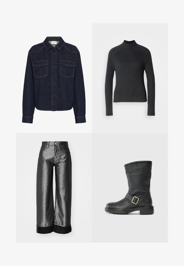 Pull côtelé gris foncé avec des manches longues et un col haut, présentant une coupe ajustée et une texture subtil.; Veste en denim foncé avec un col, fermeture à boutons sur le devant, deux poches poitrine et manches longues. Surpiqûres contrastantes sur l'ensemble.; Jeans à jambes larges en denim gris métallique foncé avec une texture lisse. Comprend un revers en denim noir et une fermeture à bouton classique avec passants de ceinture.; Bottines en cuir noir avec une finition texturée, dotées d'une boucle latérale et d'une semelle épaisse texturée pour plus de stabilité.