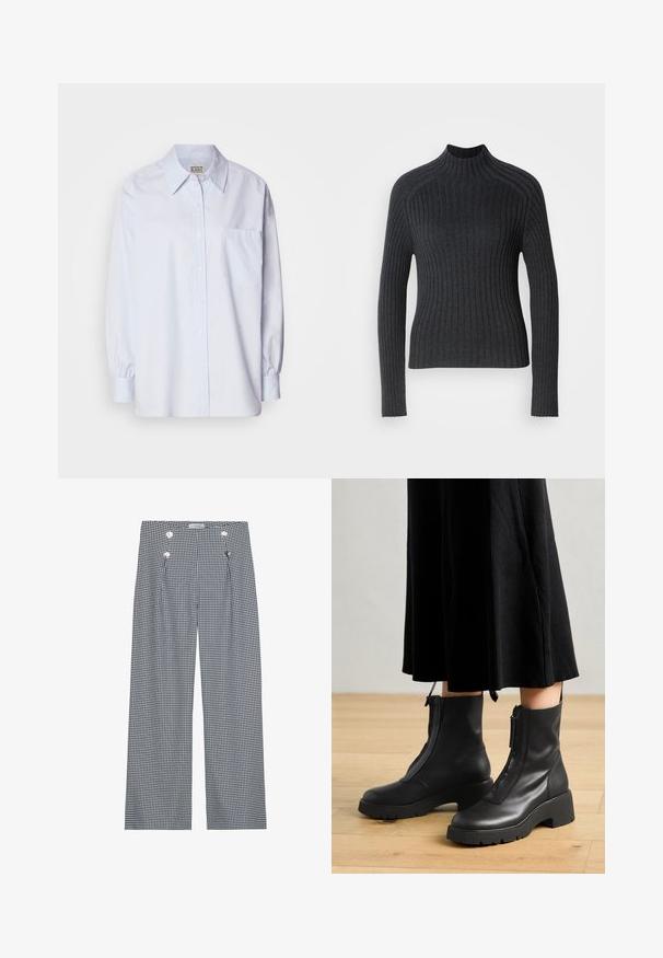 Donkergrijze geribbelde trui met lange mouwen en een hoge hals, met een aansluitend ontwerp en subtiele textuur.; Lichtblauw button-up shirt van katoen. Heeft een puntige kraag, lange mouwen en een enkele borstzak. Zachte textuur.; Zwart-wit geruite oversized broek met voorplooien en goudkleurige knopenaccenten op de tailleband. Gladde stoftextuur.; Zwarte leren enkelboots met een chunky platformzool en een rits aan de voorkant. Glad oppervlak met een minimalistisch ontwerp.